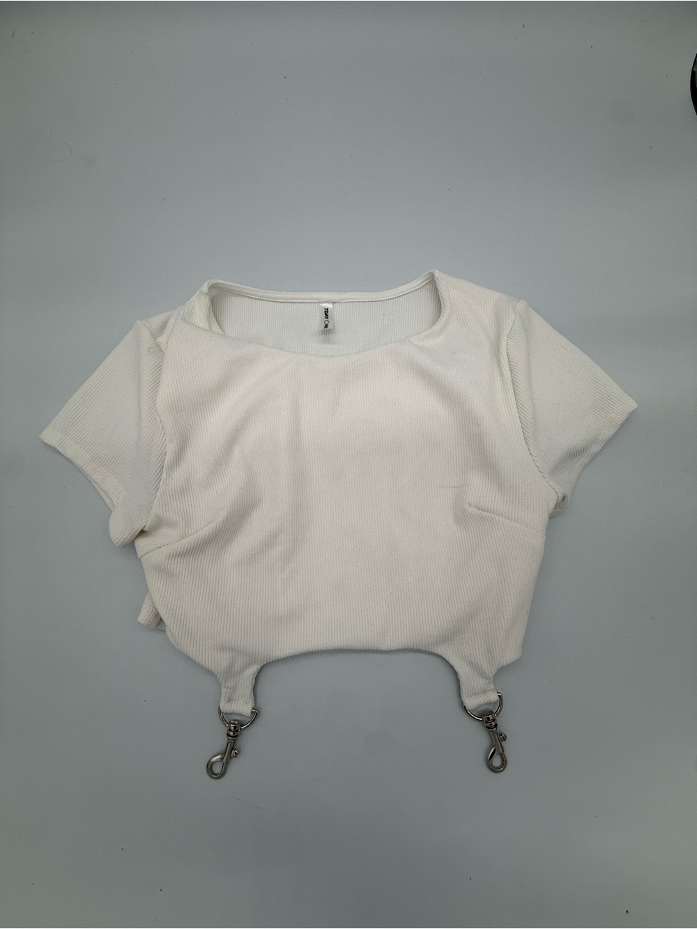 White Ribbed Crop Top with Decorative Clip Hardware